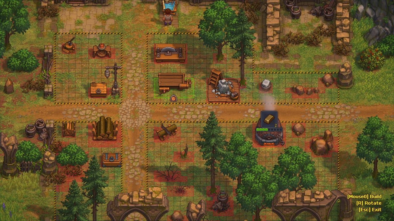 Modo construcción de Graveyard Keeper 2 con sierras, horno y teselas de colocación de colores